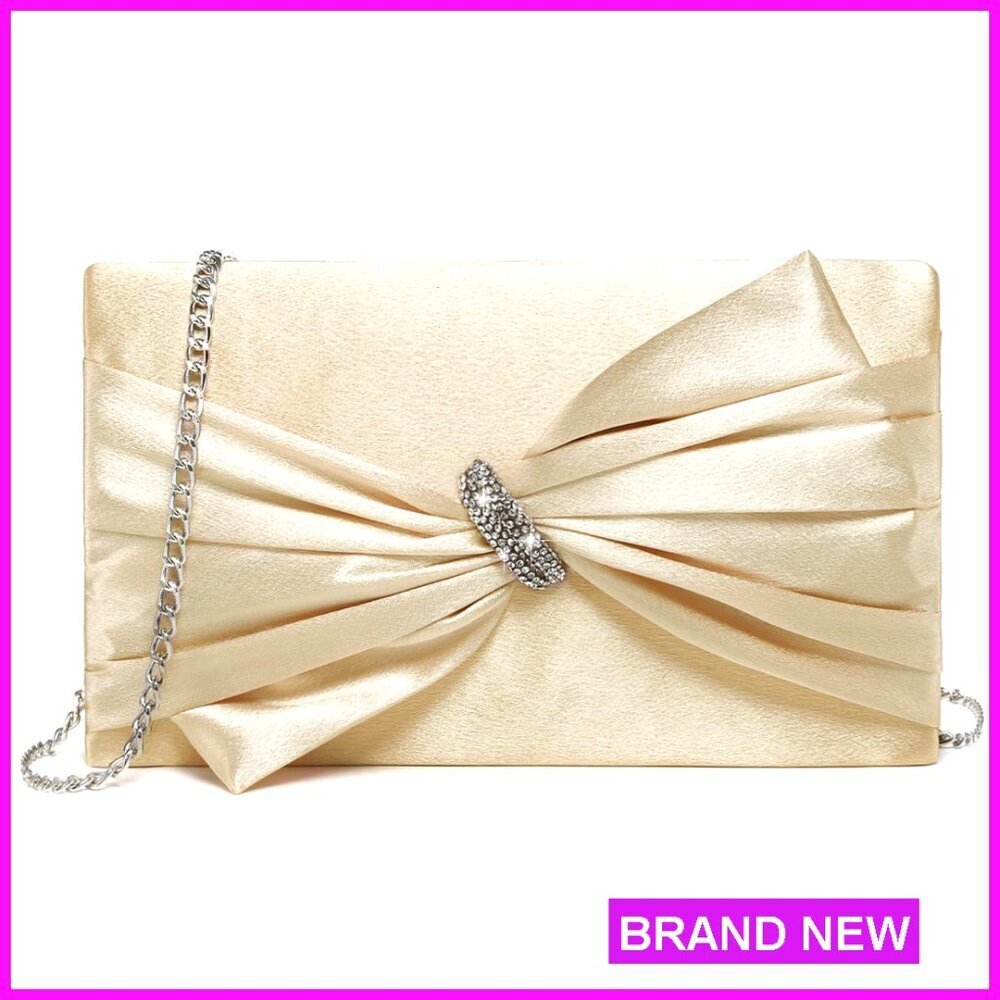 Satin Evening Clutch Rhinestone Bow Adjustable Elegant Formal Wedding Prom
